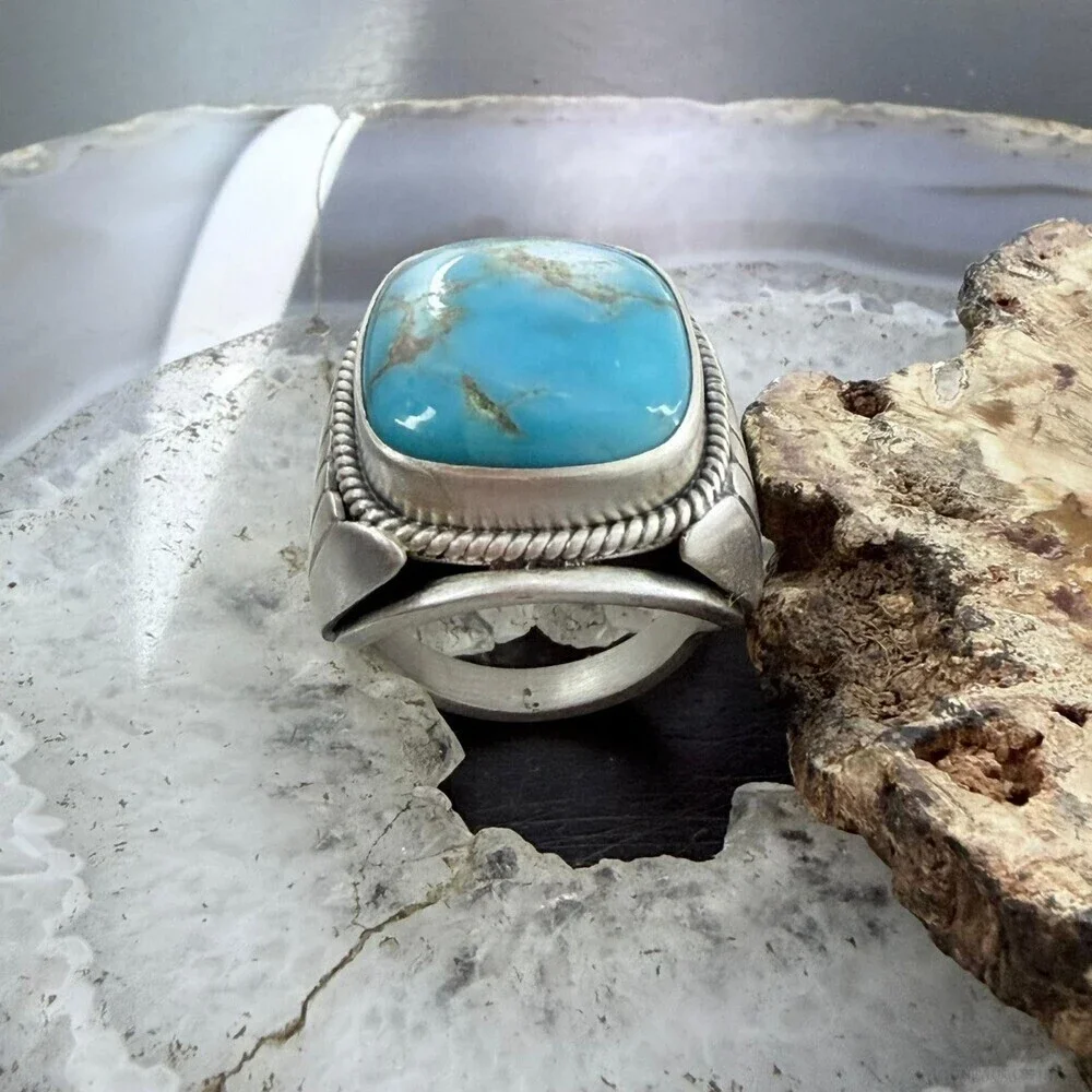 Native American Sterling Square Kingman Turquoise Shield Ring Size 11.25 For Men